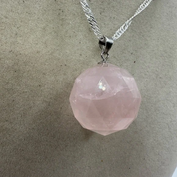 SOLD Rose Quartz 3D Round Pendant on Sterling Silver Chain - Picture 2 of 13